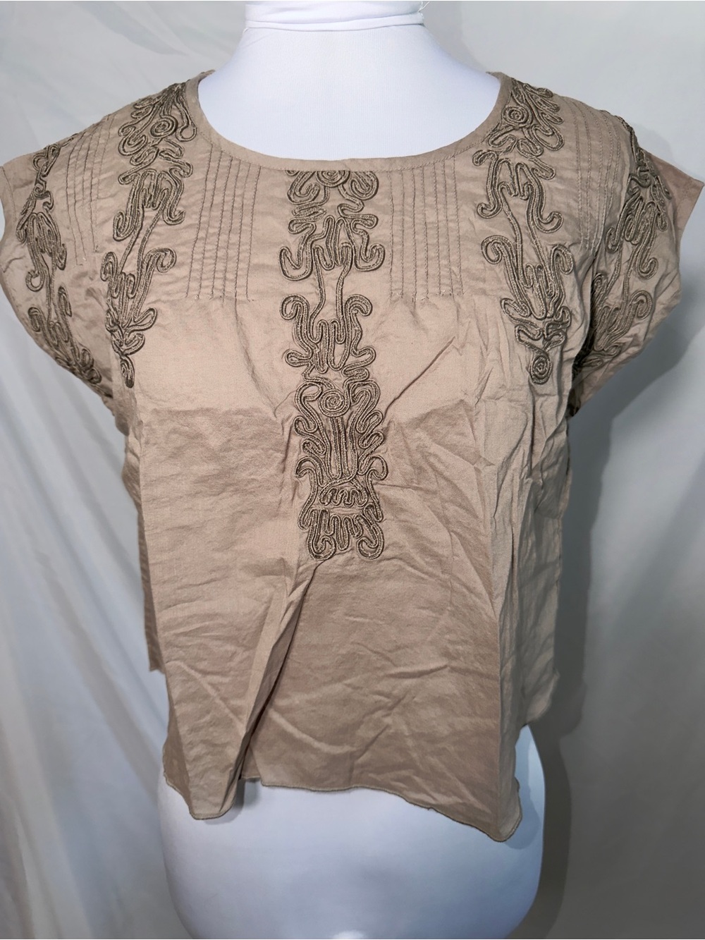Free People tan embroidered pin-tuck crop top